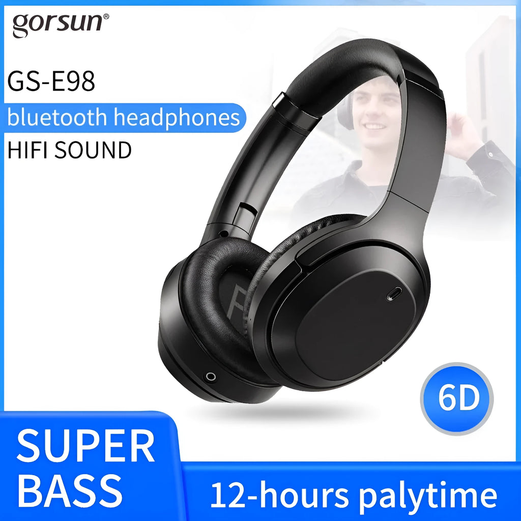 Gorsun E98 black over-ear wireless Bluetooth headphones with microphone on headband.