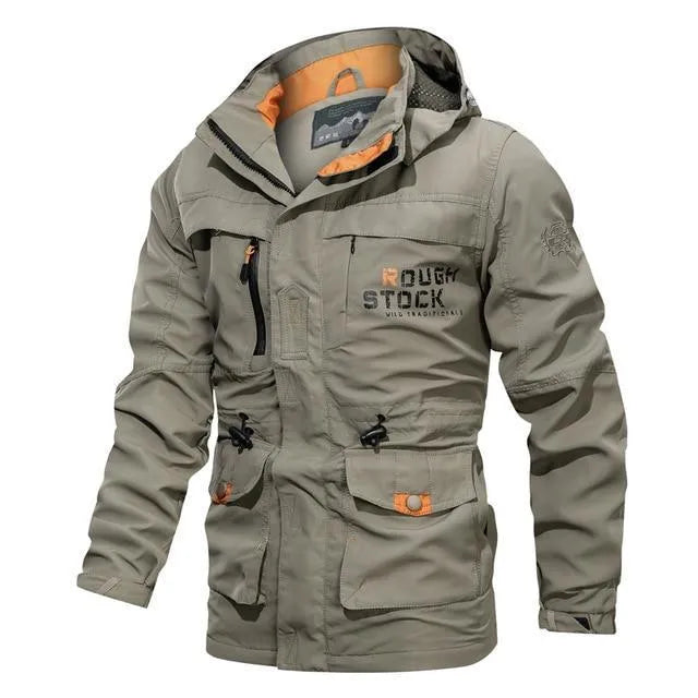 Men's casual outdoor hooded plus size jacket in letter print, stand-up collar, zipper front, thin polyester fabric