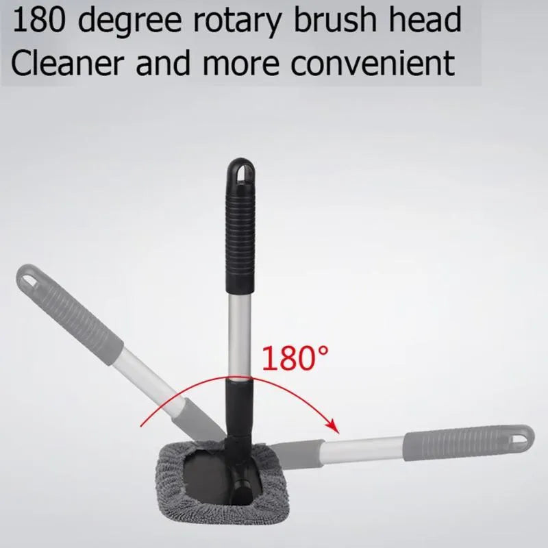 Black telescopic car windscreen cleaning brush with aluminium alloy rod, 180 degree rotating head and fibre cover, 15 x 10cm scraper