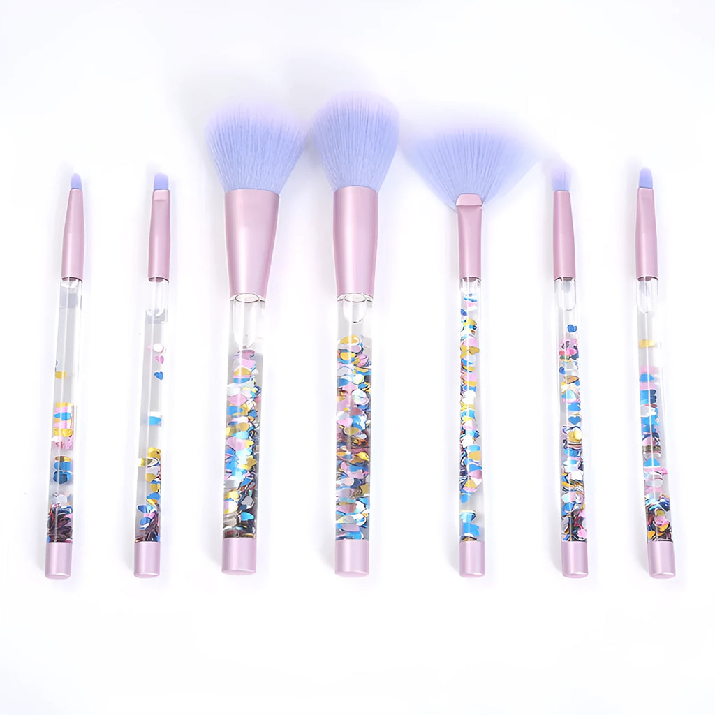 7-piece makeup brush set with rayon bristles, PU tip, long plastic handle, 20cm length, pink colour