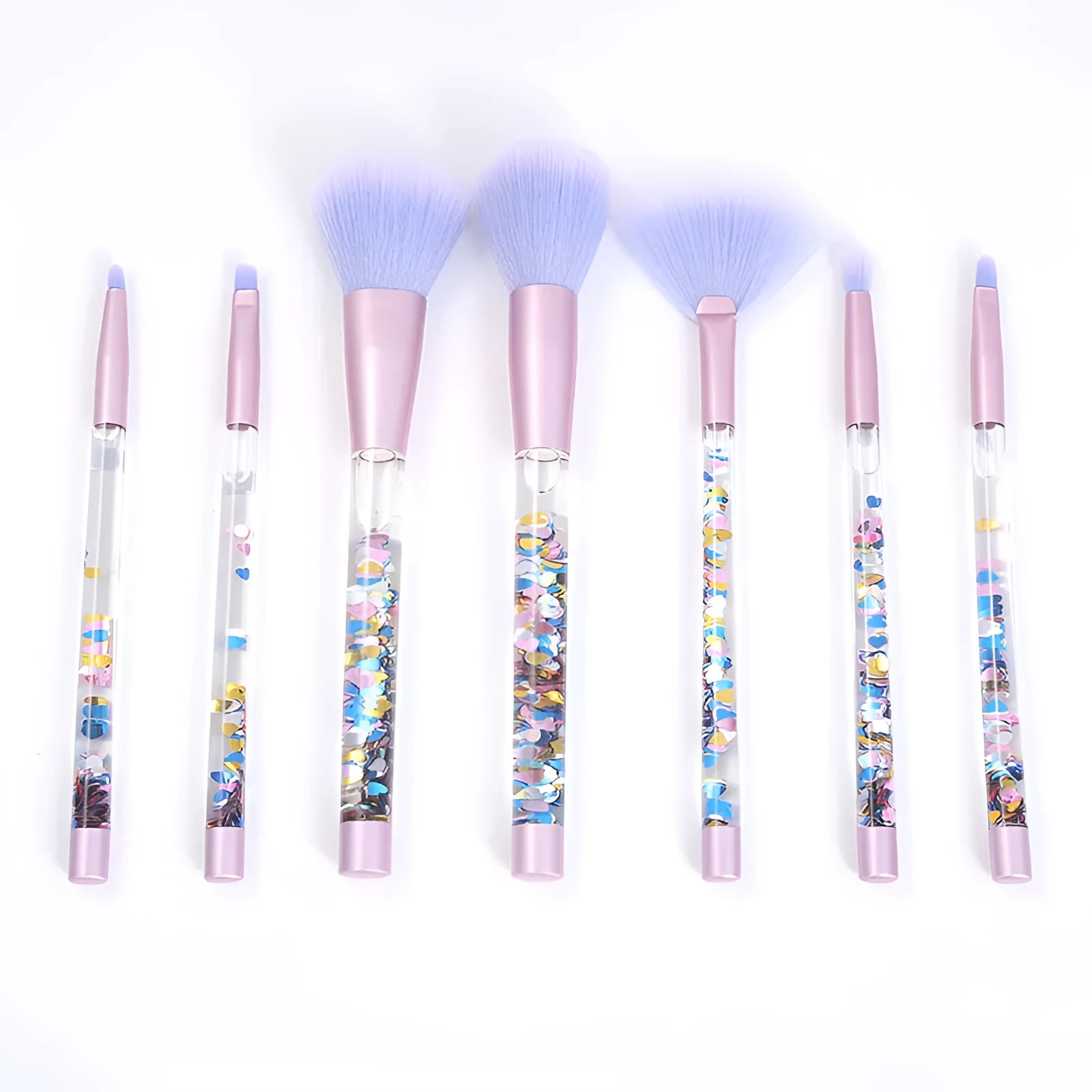 7-piece makeup brush set with rayon bristles, PU tip, long plastic handle, 20cm length, pink colour