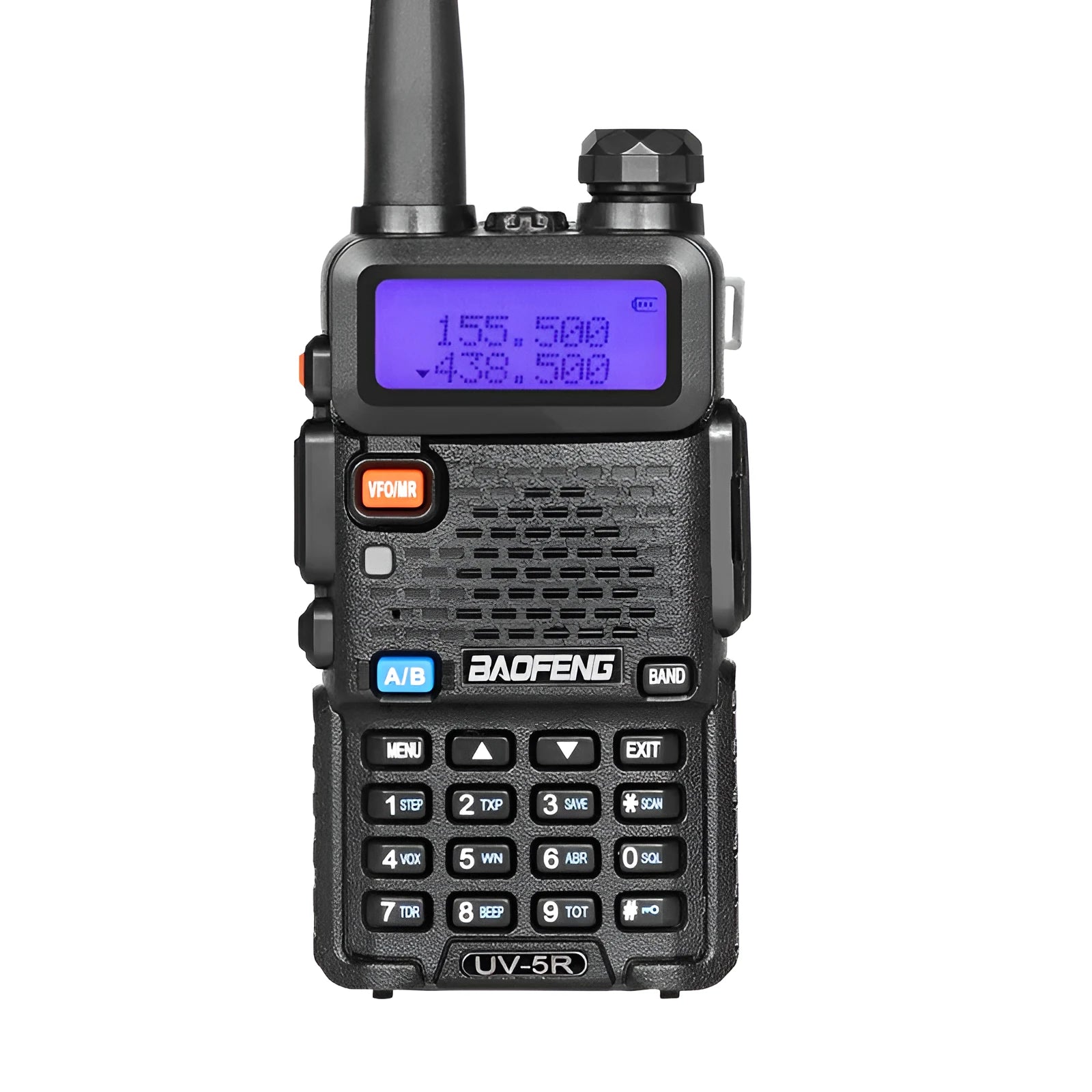 A compact black handheld walkie talkie with an antenna, showing its numeric keypad and display screen.