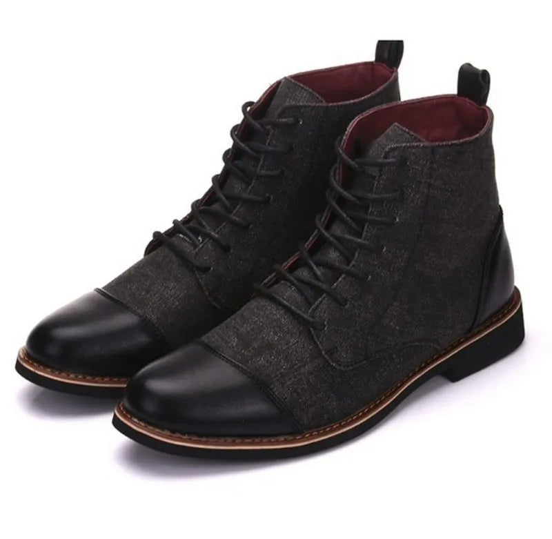 Men's leather motorcycle boots with buckle detailing in black, blue, grey, khaki colours