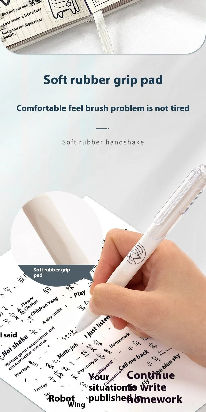 Five neutral black ballpoint pens with white brush finish and 0.5mm tips