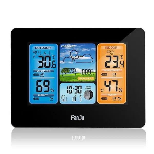 Rectangular black weather clock station with LCD display showing time, temperature, and humidity readings