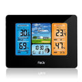 Rectangular black weather clock station with LCD display showing time, temperature, and humidity readings