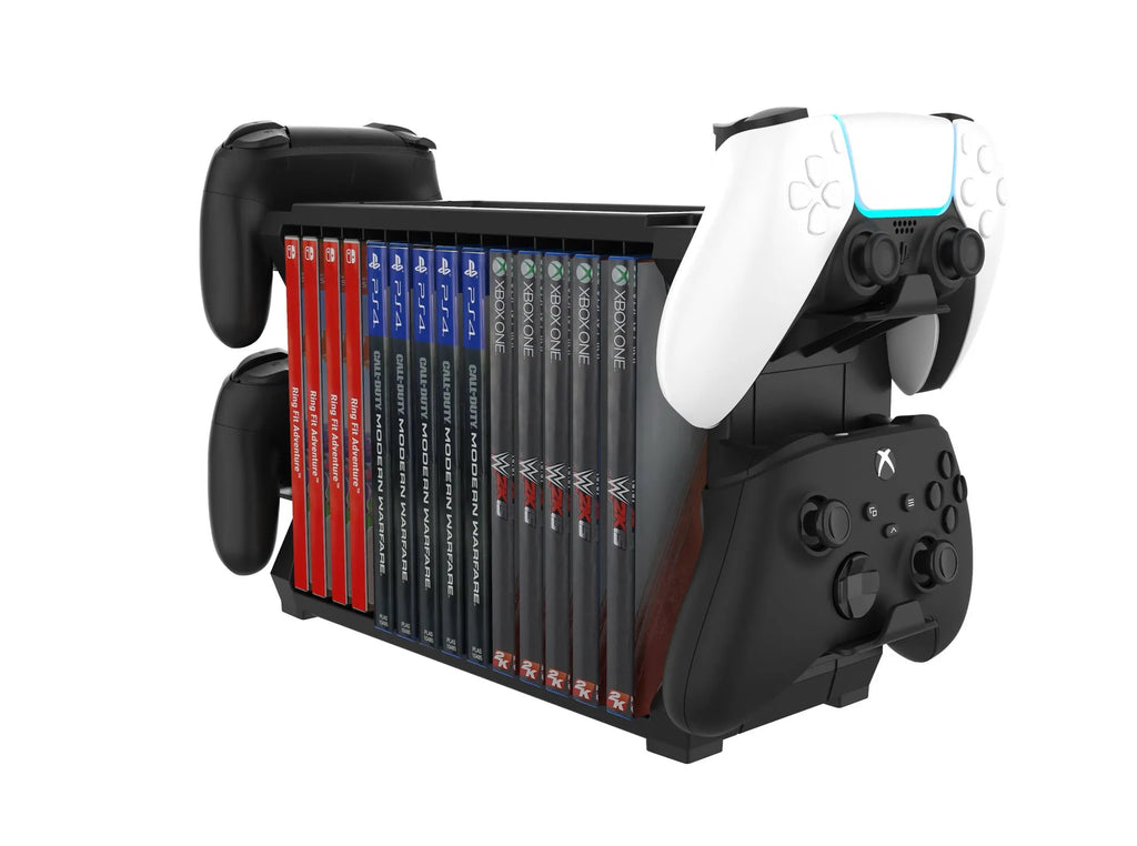 Black PS5 and Xbox Series X game disc holder with slots for discs and pegs for four controllers.