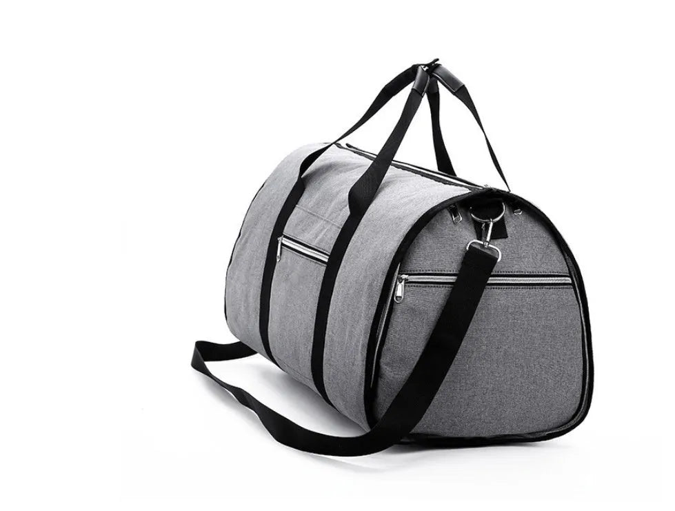 Medium cylinder-shaped travel duffle bag in black, made from Oxford cloth with a top zipper.