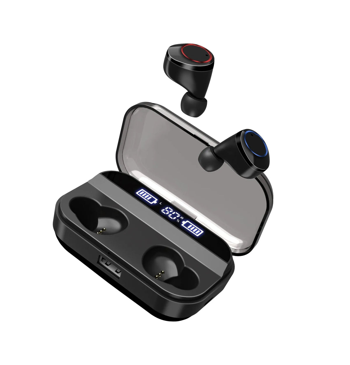 Black X11 wireless Bluetooth earbuds inside their white charging case, with silicone ear sleeves.