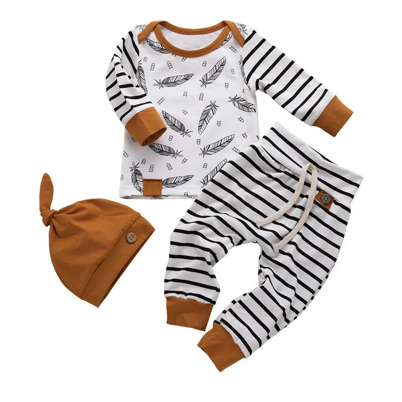 Striped cotton 3-piece children's outfit set with hat, top, and pants in Mibaise, sizes 70-100cm