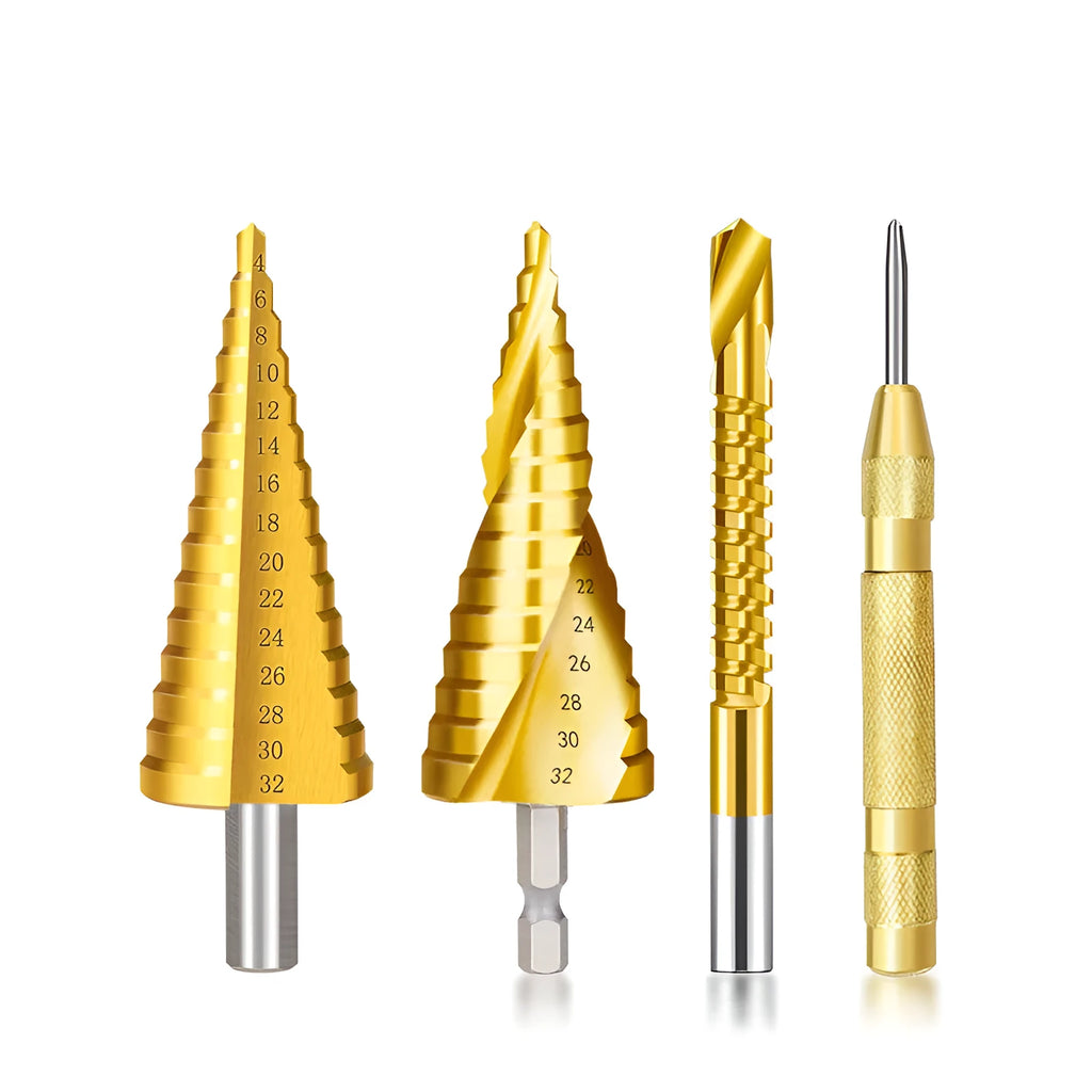 High-speed steel step drill bits and a centre punch set on a workbench, showing colour-coded tools.