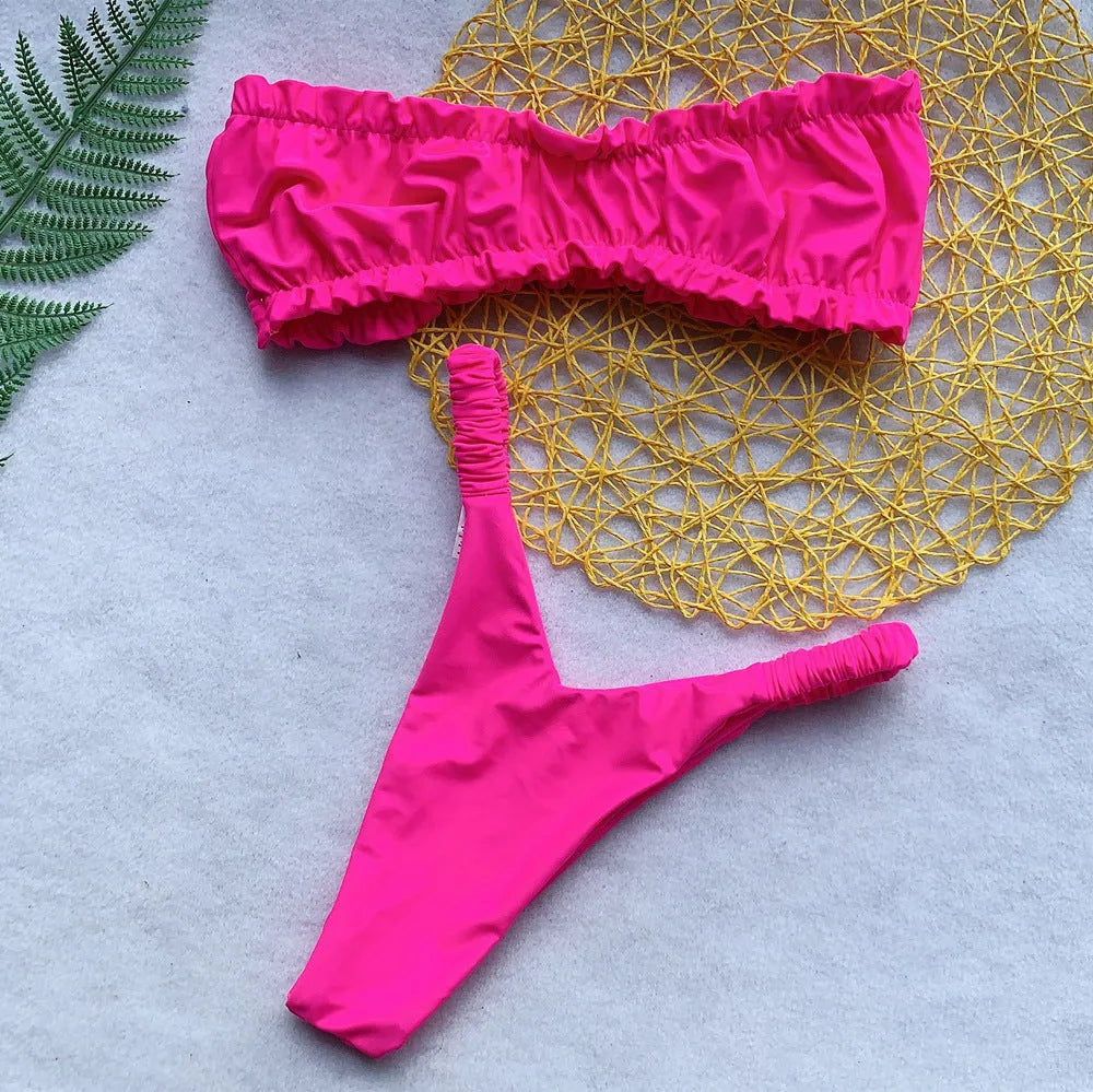 Women's split chest pad bikini set with high waist briefs, nylon and spandex lining, sizes S M L