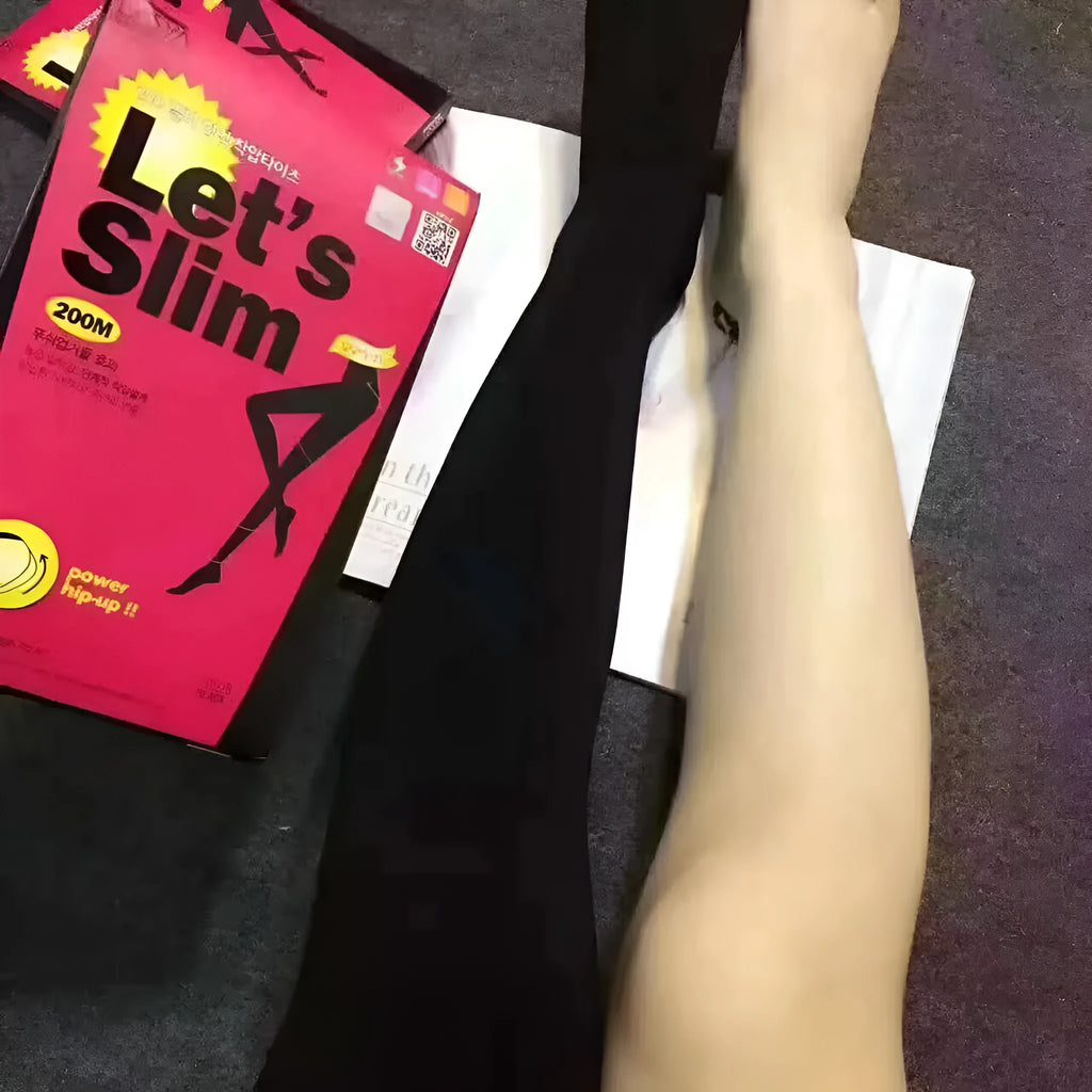 Beige and black stovepipe socks for hip and abdomen support, made from polyester fibre.