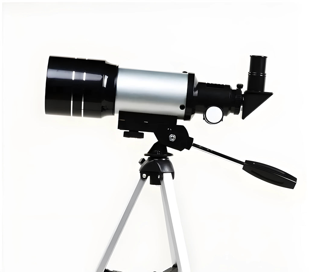 Silver F30070M telescope with 70mm aperture on its 38cm tripod, two eyepieces and moon mirror included