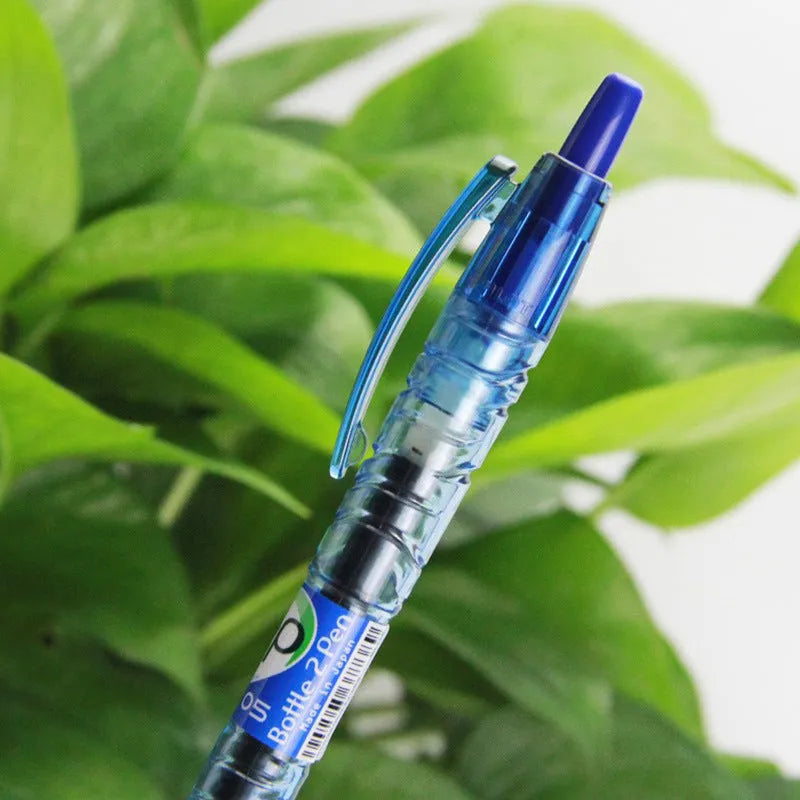 0.5mm press gel pen with transparent blue barrel showing refill colour