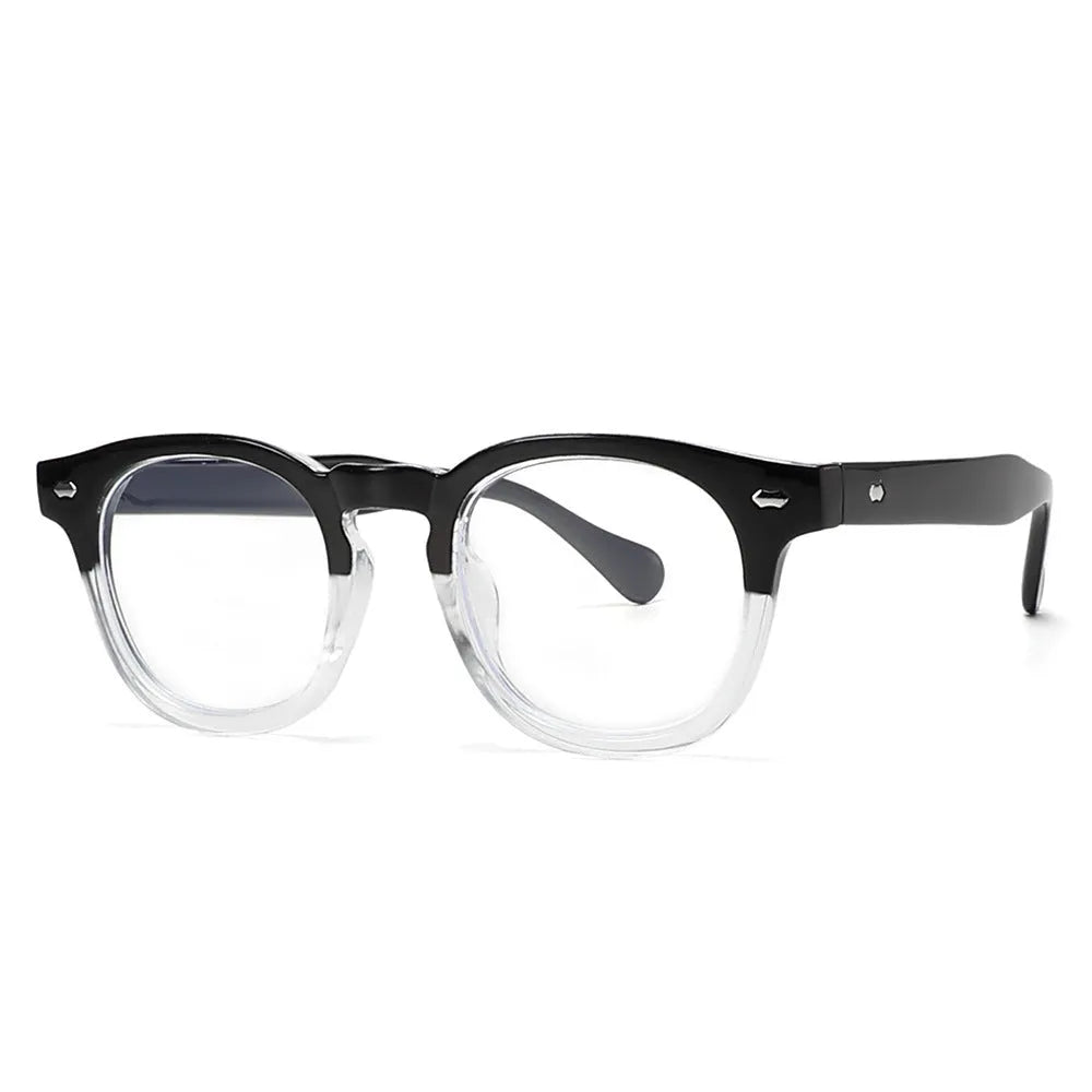 Simple round rim retro sunglasses on a plain background showing bright black frame with blue lenses.