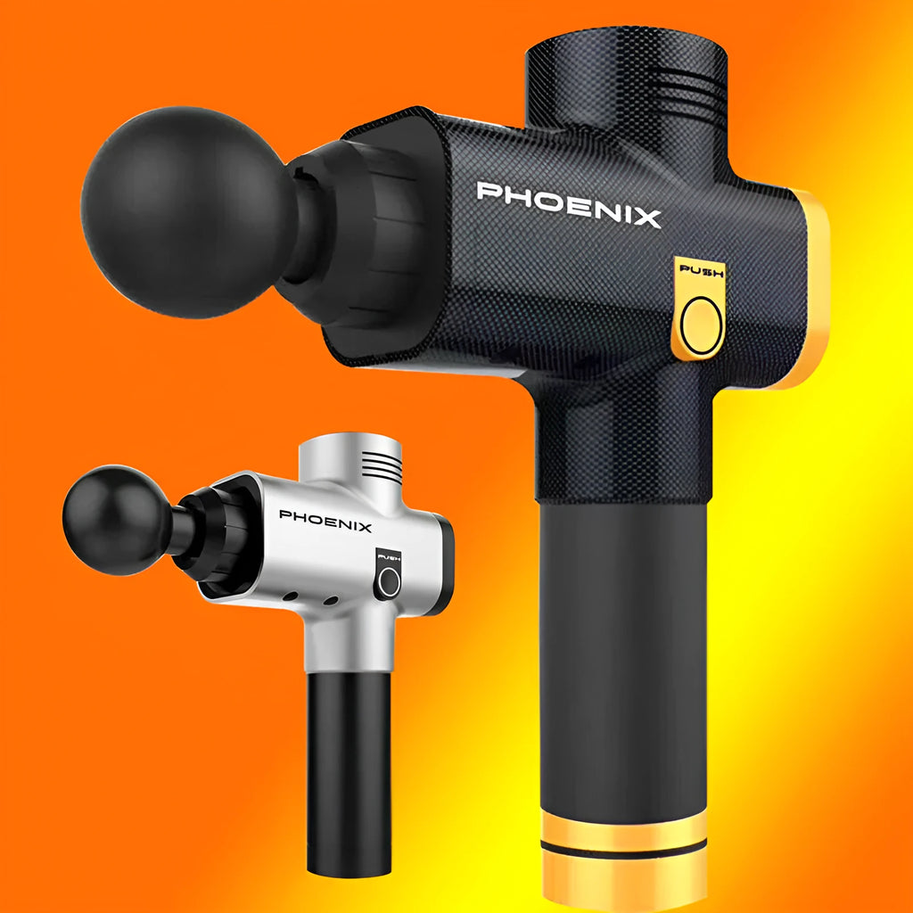 Black ABS fascia massage gun with four different coloured attachment heads on a grey surface.