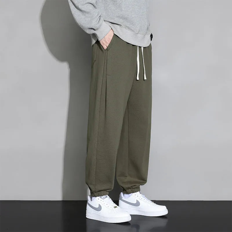Men's loose fit solid colour cotton blend sports trousers with drawstring elastic waist in Gray, Black, Army Green, sizes M to 8XL