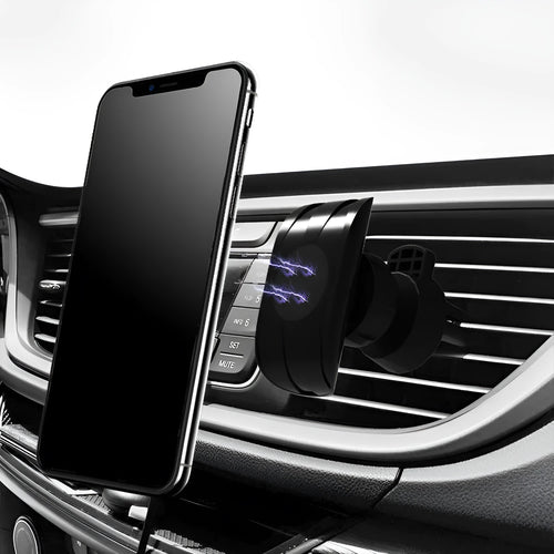 Black car phone holder clipped onto vehicle air vent with phone securely mounted