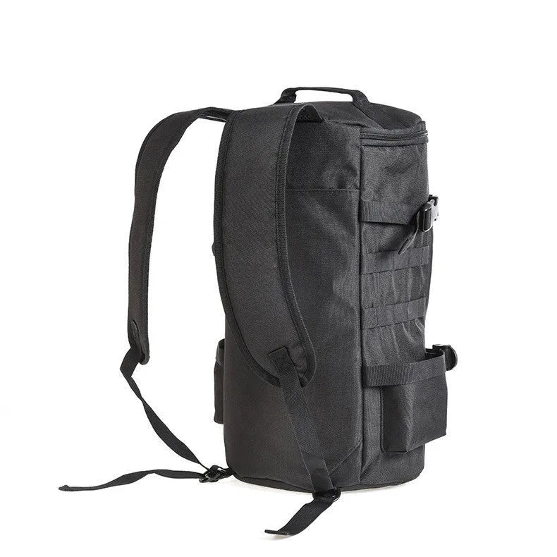Black polyester cylinder fishing tackle backpack with dual-shoulder straps, 23-litre capacity