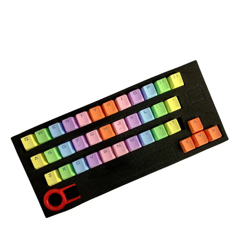 37-key PBT word-through keycap set with blue, green, orange, pink, purple, and yellow arrow options