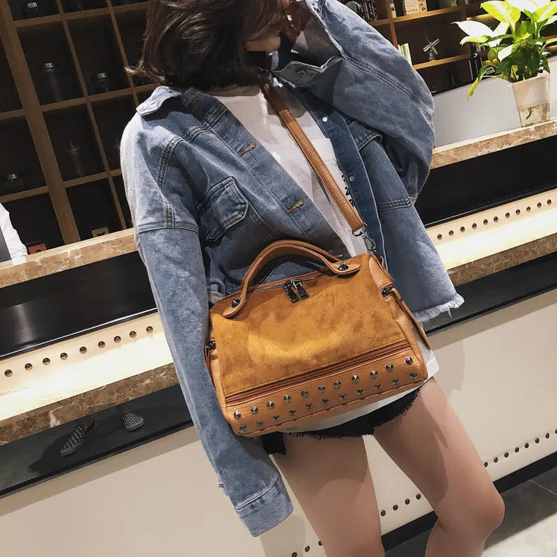 Soft PU leather casual tote shoulder bag with metal zipper in black, brown, or grey.
