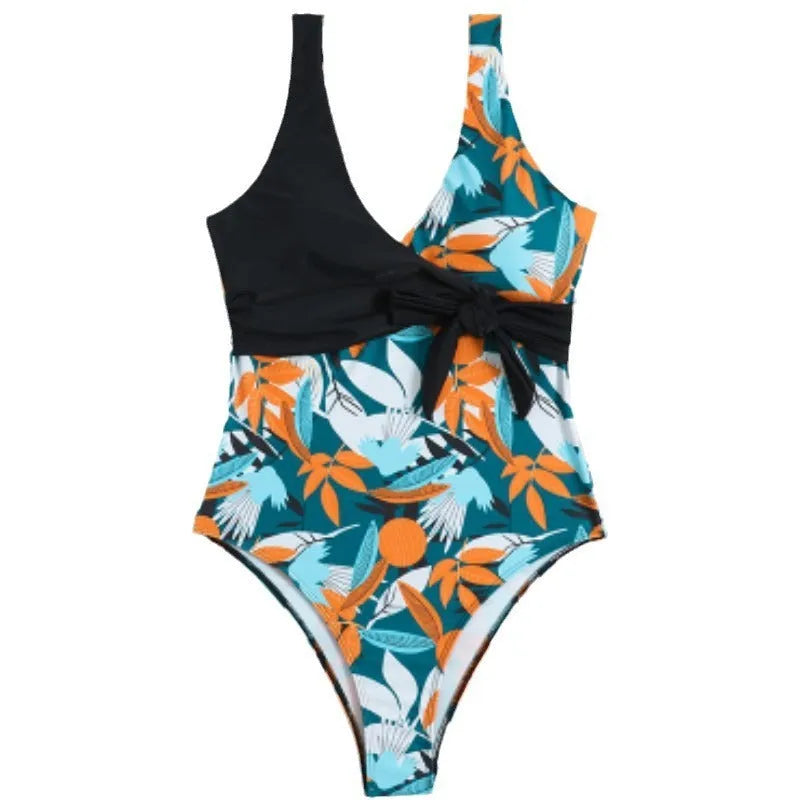 Women's high waist one-piece swimsuit in a printed pattern, shown in black and white colour options.
