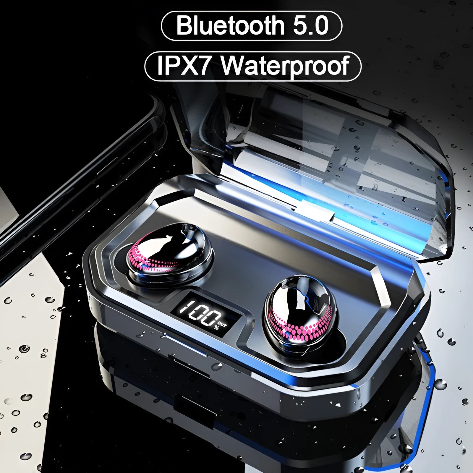 Black Bluetooth wireless headset with its compact rectangular charging case.