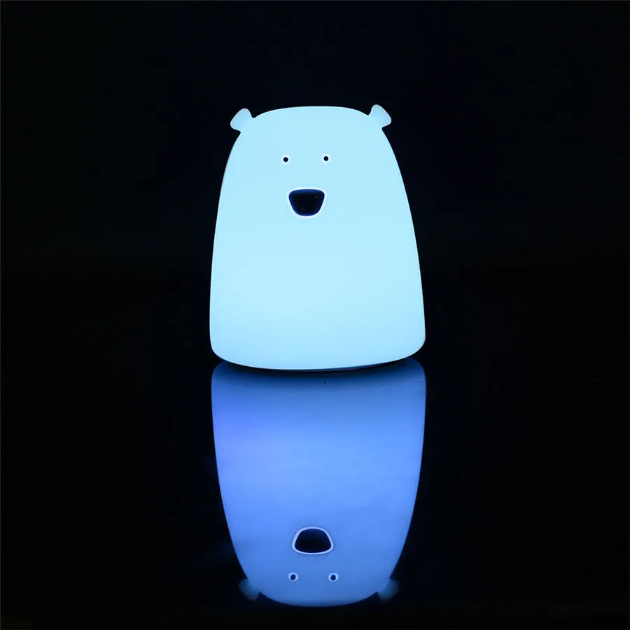 Silicone animal night light in blue, pink, or white with ABS body, 5V, battery or USB power option