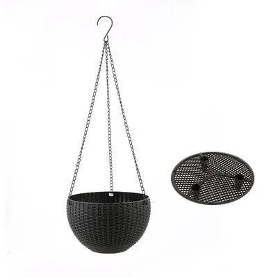 Plastic hanging basket planter with inner tank on a metal chain, shown in multiple colour options.