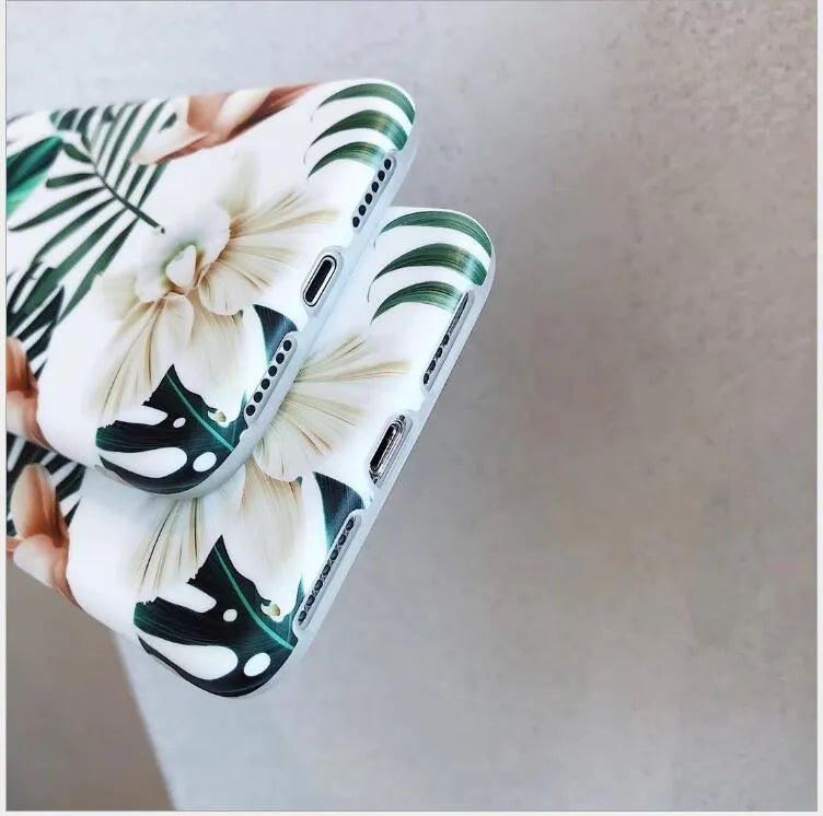 Retro floral banana leaf design on a soft TPU back case for an iPhone.