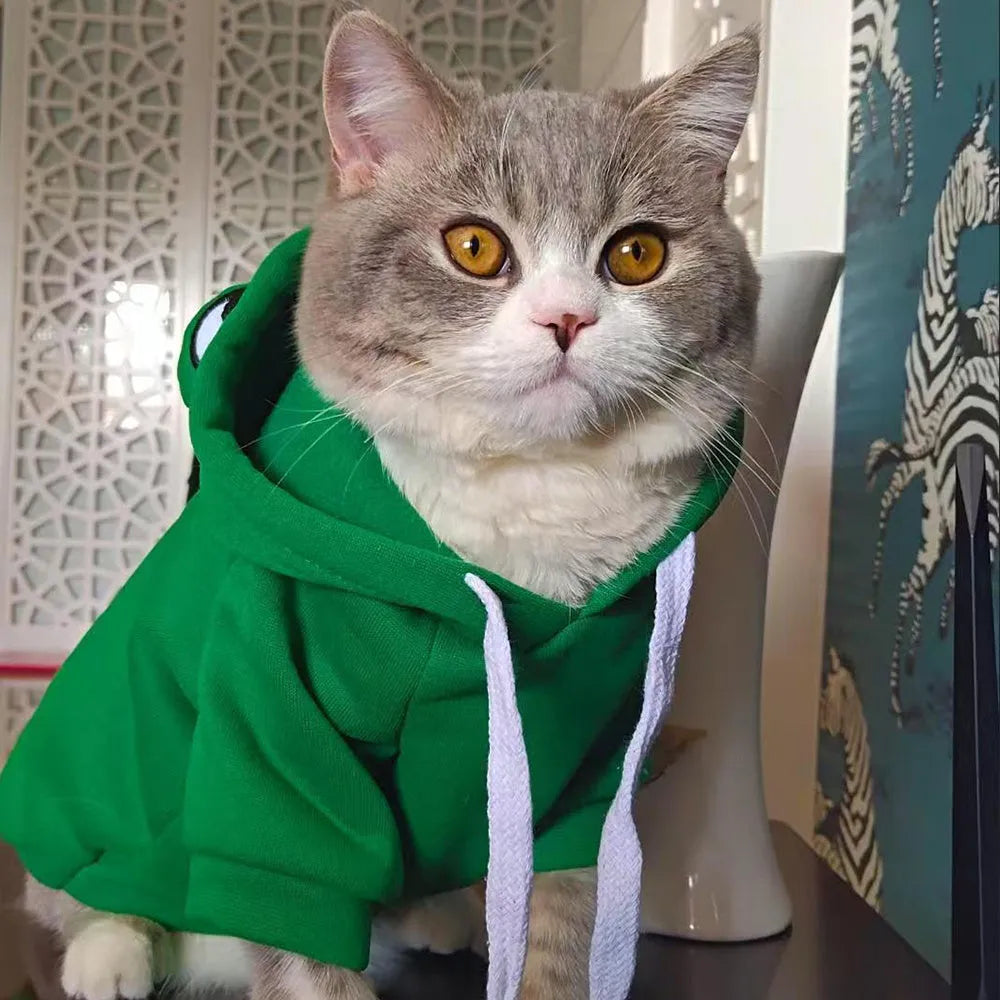 Green frog pattern pet hoodie for small dogs and cats with hood, showing chest girth measurement points
