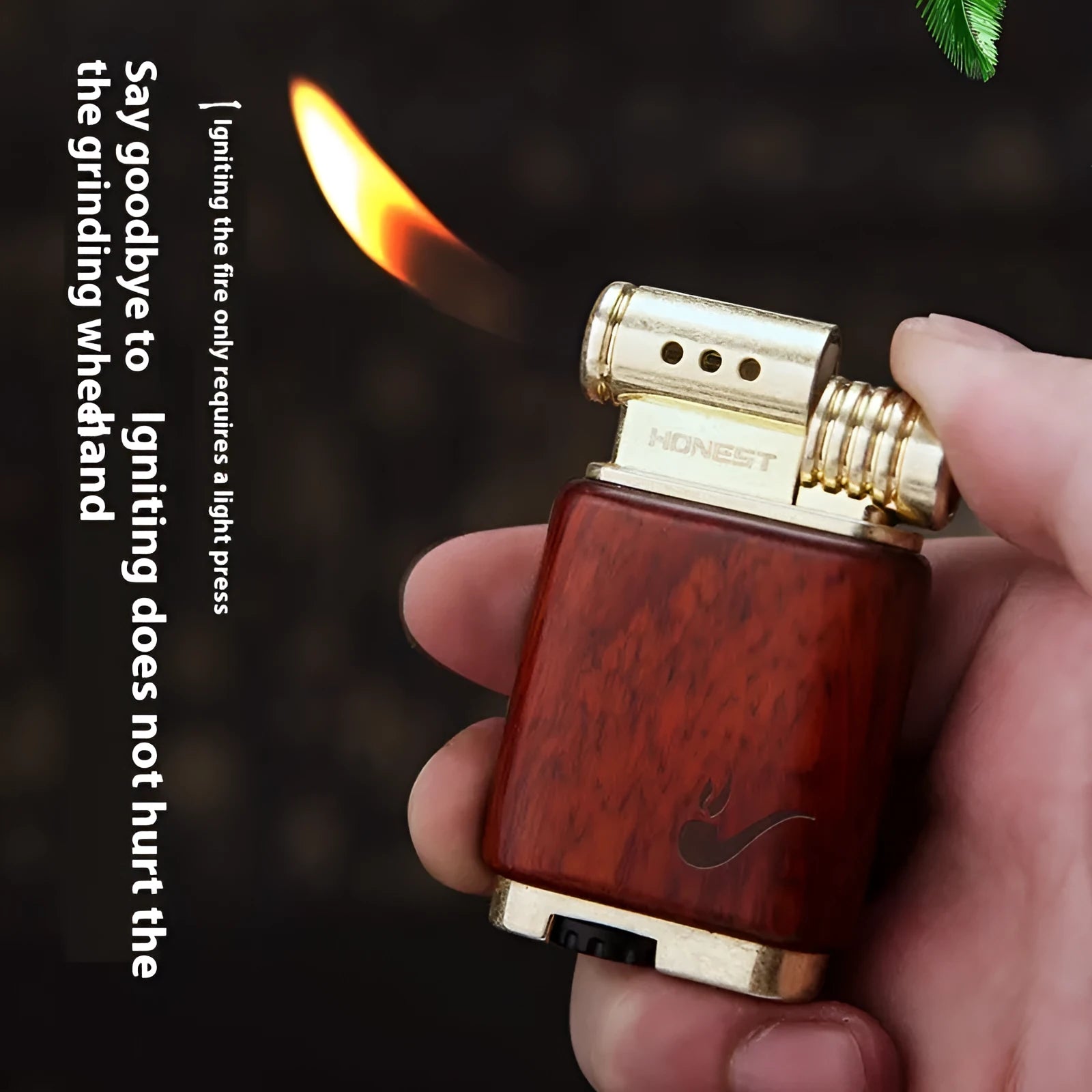 Decorative ebony gas lighter with metal construction showing wood-colour finish options