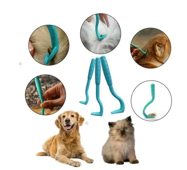Plastic flea and tick extractor tool in blue or green for dogs and cats