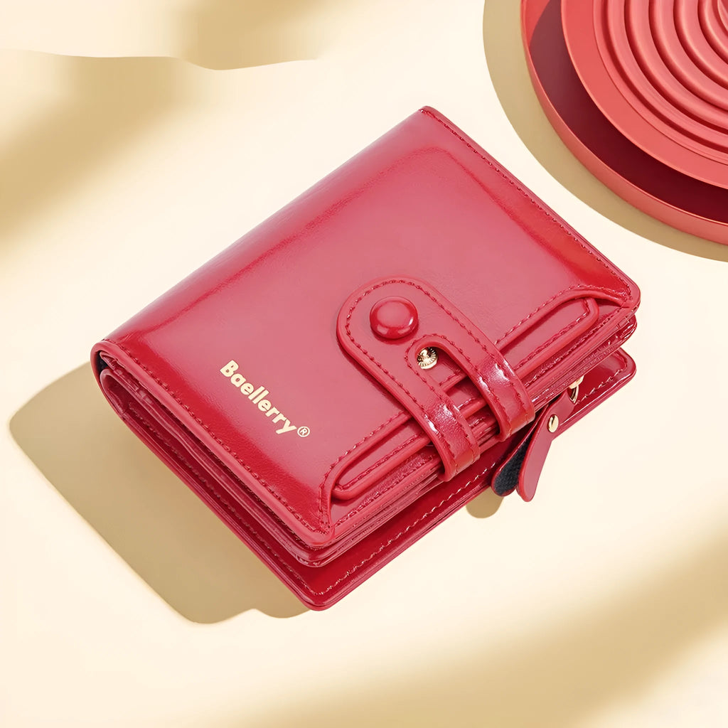 A compact PU leather women's wallet in one of eight available colours, showing a card holder design.