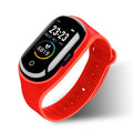 Blue silicone smart bracelet earphone combo wearable with a 1-inch screen on a wrist.