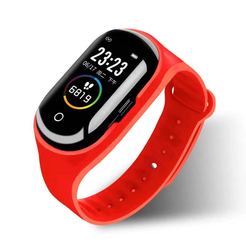 Blue silicone smart bracelet earphone combo wearable with a 1-inch screen on a wrist.