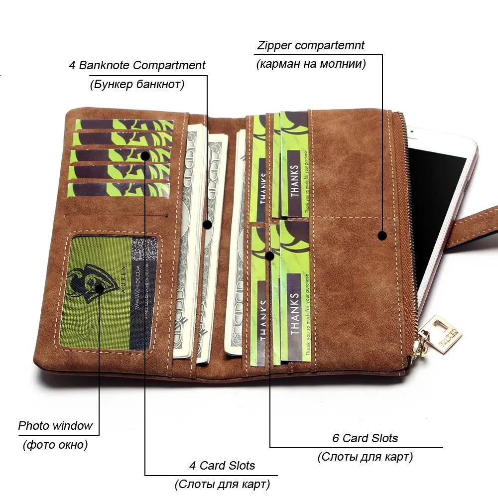 Army green women's long two-fold wallet made of matte PU leather with a drawstring zip, showing internal card slots and compartments.