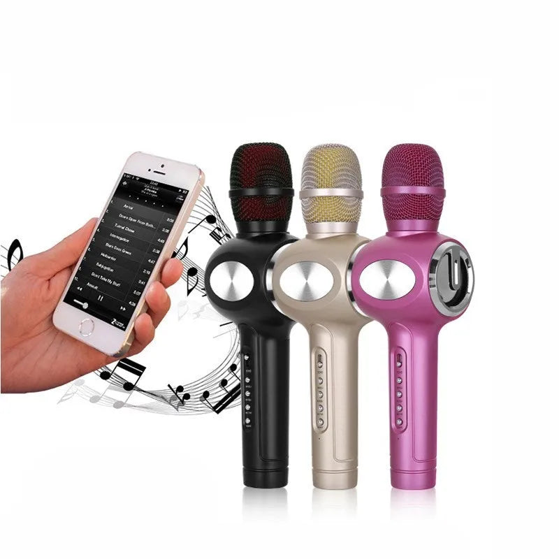 Yaerjia E108 black portable karaoke microphone with built-in speaker and echo effects.
