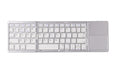 Black tri-fold folding Bluetooth keyboard with touchpad, shown both folded and unfolded