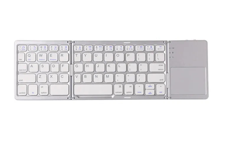 Black tri-fold folding Bluetooth keyboard with touchpad, shown both folded and unfolded