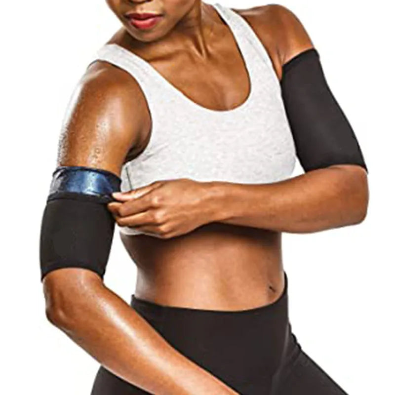 Adjustable arm sweatband with hook-and-loop strap in blue, shown on an arm during exercise.