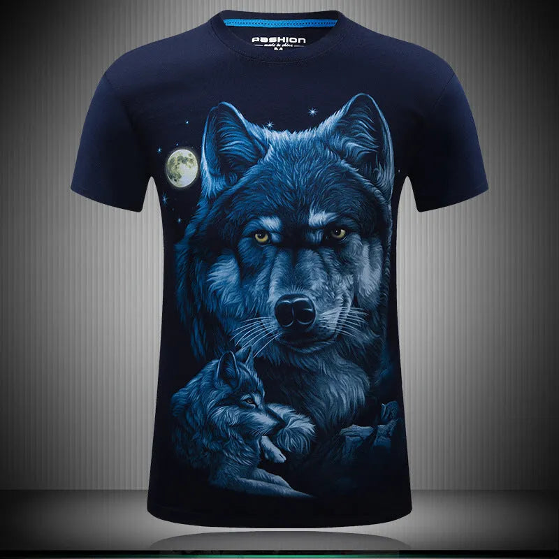 Wolf design 3D print cotton loose fit t-shirt in black round neck short sleeve