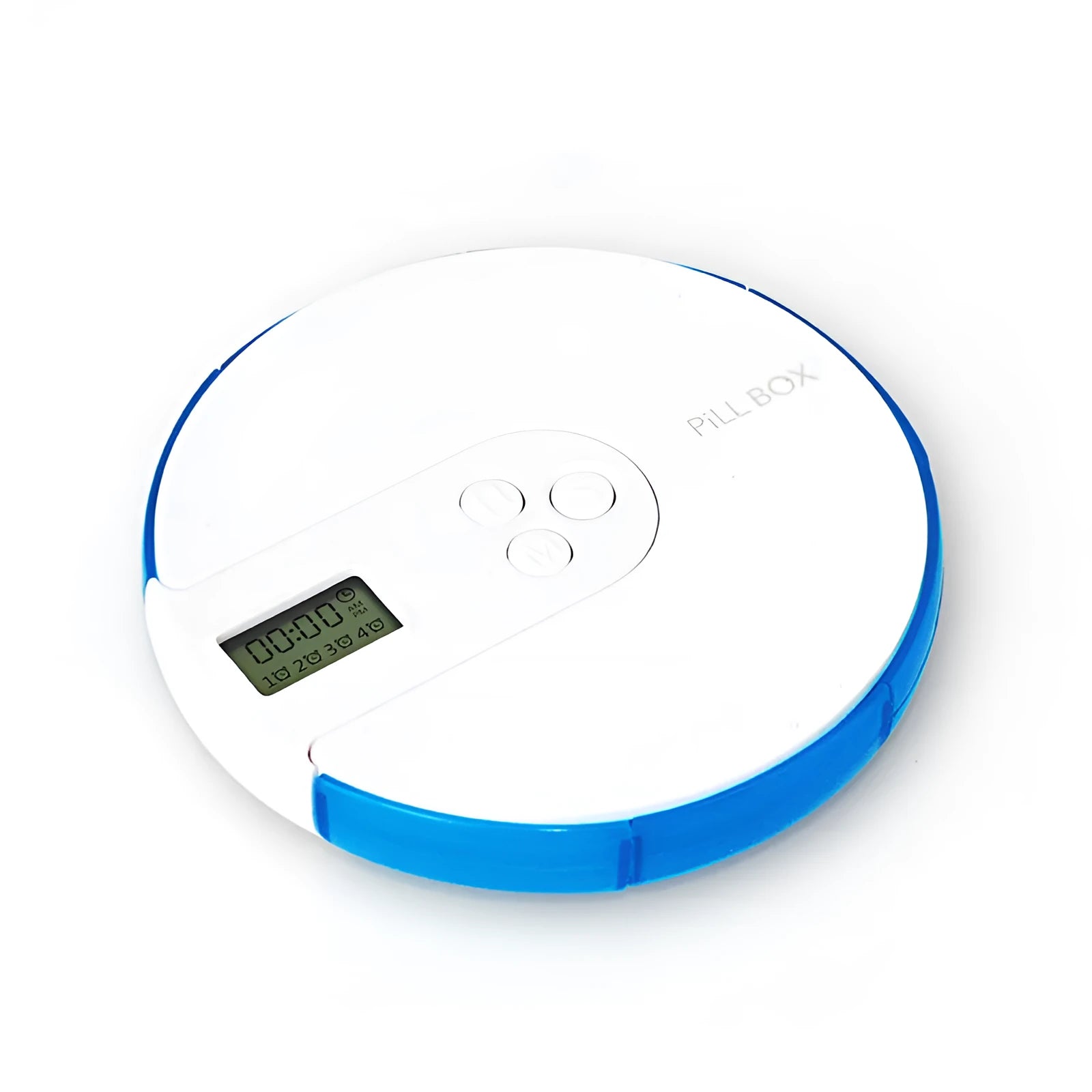 Blue seven-compartment electronic pill box with digital display and alarm clock, shown next to pills.