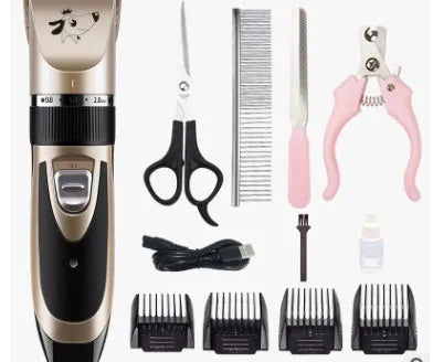 Golden professional cordless pet grooming clipper kit with ceramic titanium blade, four guide combs, nail clippers, and file on a table