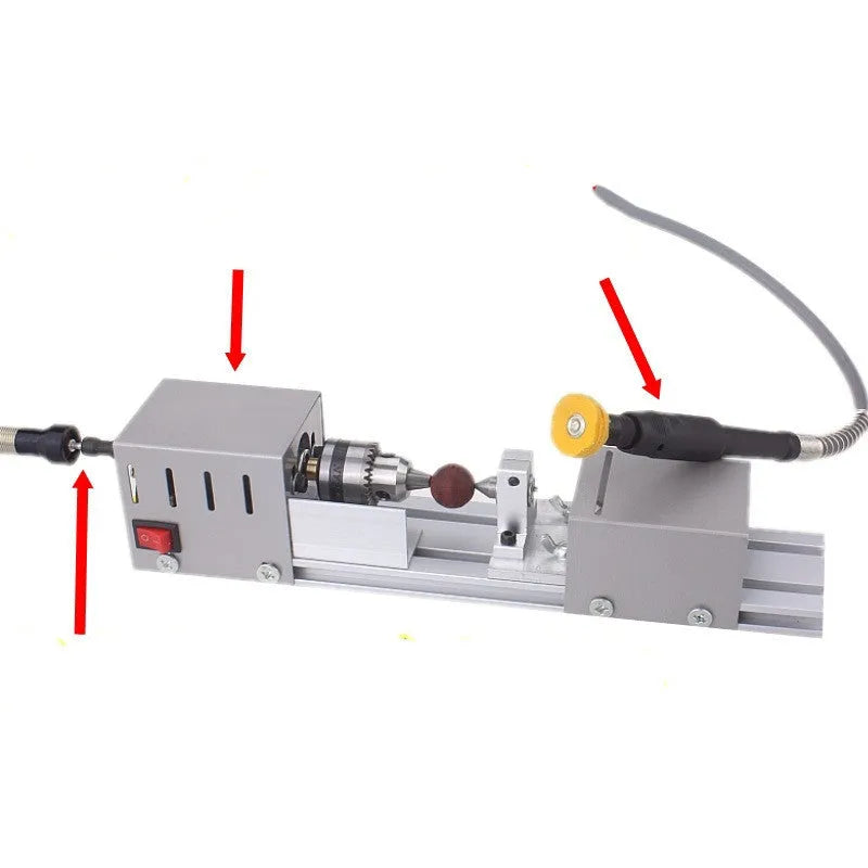 Mini manual woodworking lathe with silver metal finish and carving knives