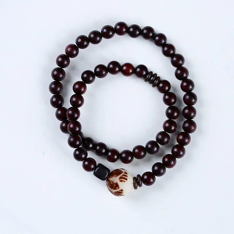 Natural rosewood retro bracelet with flower beads in knitted construction, showing both double circle and single circle colour options