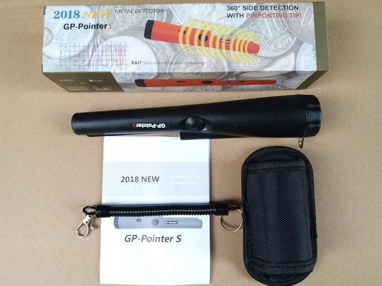 Garrett Pro Pointer handheld pinpointer metal detector in black on a table with belt holster