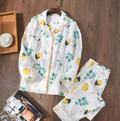 Cotton thin maternity pajama set with turn-down collar and bell sleeves in solid natural colour
