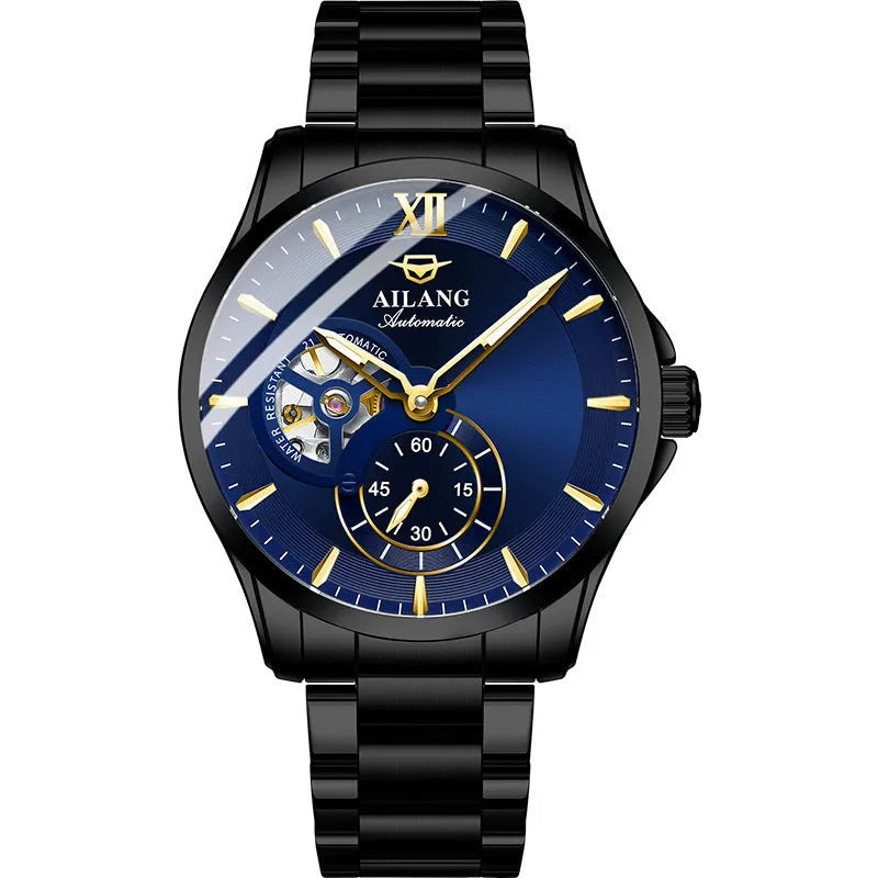 Men's mechanical skeleton watch with 41mm round dial, luminous hands, fine steel strap, and 30-metre water resistance